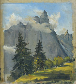 Werkverzeichnis Konrad Sommer Nr. 1, Ladiderer, Karwendel, 1942, Öl auf Leinwand, 36,7 x 33,2 cm, 
						bezeicnet u.r.: K. Sommer, Laliderer (Karw) 42