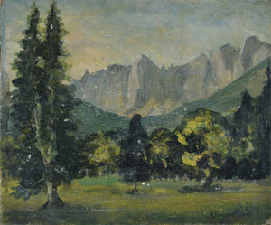 Werkverzeichnis Nr. 4, um 1943, Lalidererwände Karwendel, Öl auf Karton, 26,0 x 31,2 cm,
						Rückseite bemalt mit Werkverzeichnis Nr. 5, um 1943, Bergwand mit Fluss