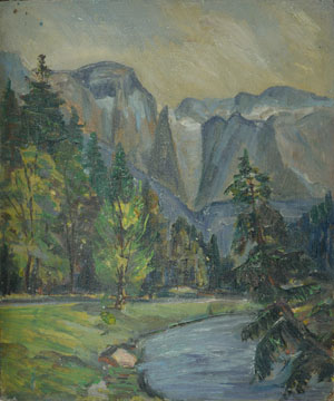 Werkverzeichnis Nr. 5,  um 1943, Bergwand mit Fluss, Öl auf Karton, 26,0 x 31,2 cm, 
						Rückseite bemalt mit Werkverzeichnis Nr. 4, um 1943, Lalidererwände Karwendel