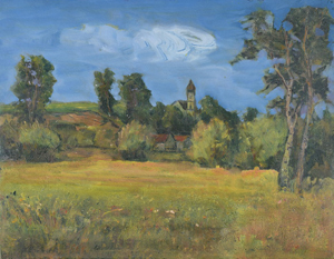 Werkverzeichnis Nr. 7, um 1945, Landschaft mit Hügeln, Bäumen und einem Dorf, Öl auf Holz, 35,0 x 45,0 cm