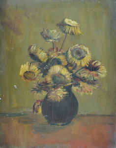 Werkverzeichnis Nr. 10, um 1946, Sonnenblumen in dunkler Vase,  Öl auf Karton, 26,3 x 20,6 cm  