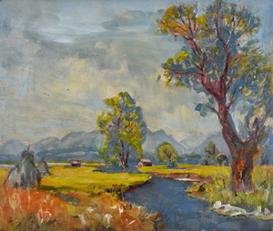 Werkverzeichnis Nr. 11, um 1946, Voralpenlandschaft mit Heuckocken und Bach, Öl auf Karton, 40,0 x 49,0 cm 