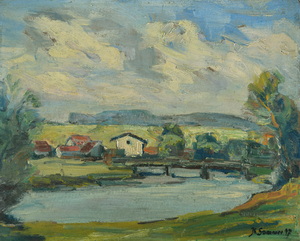 Werkverzeichnis Nr. 12,  1947, Dorf mit Brücke an einem Fluss, Öl auf Karton, 24,0 x 30,0 cm, bez. u.r.: K. Sommer 47