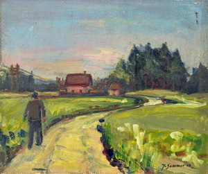 Werkverzeichnis Nr. 13, 1947, Weg mit Spaziergänger, Öl auf Hartfaser, 32,6 x 39,0 cm, bez. u.r.: K. Sommer 47