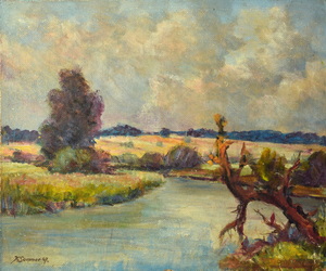 Werkverzeichnis Nr. 14, 1947, Mooslandschaft mit Bach, Öl auf Karton, 38,4 x 45,9 cm, bez. u.l.: K. Sommer 47