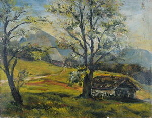 Werkverzeichnis Nr. 15, um 1947, Almkaser mit Bergen, Öl auf Karton, 19,8 x 25,7 cm,
						Rückseite bemalt mit Werkverzeichnis Nr. 66, um 1950, Reh