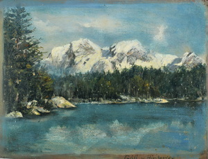 Werkverzeichnis Nr. 16, um 1947, Blick auf den Göll vom Hintersee, Öl auf Leinwand, 22,5 x 29,8 cm, bez. Rückseite u.r.: Göll vom Hintersee