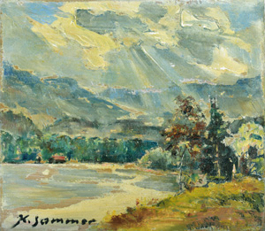 Werkverzeichnis Nr. 17, um 1947, Alpenlandschaft mit See, Öl auf Karton, 23,8 x 26,8 cm, sign. u.l.: K.Sommer