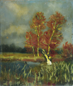 Werkverzeichnis Nr. 18, um 1947, Mooslandschaft mit Birken, Öl auf Hartfaser, 25,0 x 21,5 cm