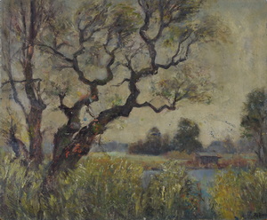 Werkverzeichnis Nr. 19, um 1947, Dachauer Moos mit Baum, Öl auf Karton, 33,2 x 45,1 cm