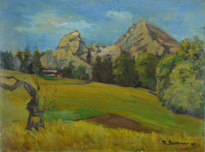 Werkverzeichnis Nr. 20, 1948, Watzmann vom Untersalzberg, bzw. vom Kehlsteinhäusl, Öl auf Karton, 17,8 x 23,9 cm, bez. u.r.: K. Sommer 48