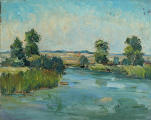Werkverzeichnis Nr. 30, 1948, Mooslandschaft mit Gewässer, Öl auf Karton, 24,9 x 31,9 cm
