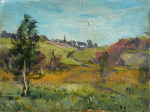 Werkverzeichnis Nr. 24, um 1948, Hügellandschaft mit Dorf, Öl auf Karton, 15,6 x 21,0 cm