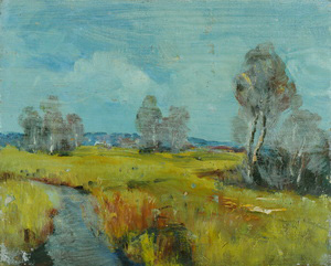 Werkverzeichnis Nr. 25, um 1948, Mooslandschaft mit Birken, Öl auf Karton, 20,8 x 26,1 cm