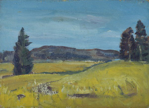 Werkverzeichnis Nr. 26, um 1948, Voralpenlandschaft mit Bäumen, Öl auf Karton, 22,4 x 30,8 cm