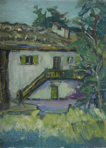Werkverzeichnis Nr. 27, um 1948, Kehlsteinhäusl, Haus der Schwiegereltern von Konrad Sommer, Vorderseite von Nr. 29, Öl auf Karton, 24,4 x 17,7 cm