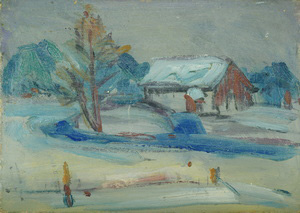 Werkverzeichnis Nr. 28, um 1948, Winterlandschaft mit Haus, Rückseite von Nr. 28, Öl auf Karton, 17,7 x 24,4 cm