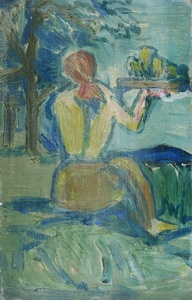 Werkverzeichnis Nr. 35, um 1948, Antonie Sommer von hinten, Öl auf Karton, 24,7 x 15,8 cm