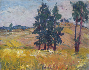 Werkverzeichnis Nr. 32, um 1948, Fichten vor Hügel, Vorderseite von Nr. 32, Öl auf Karton, 31,0 x 40,0 cm 