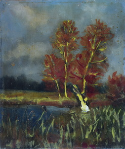 Werkverzeichnis Nr. 33, um 1948, Bäume an einem Teich,  Öl auf Hartfaser, 25,1 x 21,5 cm 