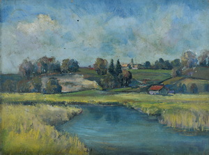 Werkverzeichnis Nr. 31, um 1948, Landschaft mit Bach , Hügeln und Häusern, Öl auf Karton, 37,4 x 49,5 cm 