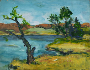 Werkverzeichnis Nr. 40, 1949, Kahler Baum an einem Weiher, Öl auf Karton, 24,90 x 31,7 cm 