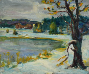 Werkverzeichnis Nr. 41, um 1949, Baum am See im Winter, Öl auf Karton, 25,7 x 30,9 cm,
						Rückseite bemalt mit Werkverzeichnis Nr. 56, um 1950, Bild im Bild, um 1950