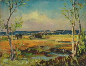 Werkverzeichnis Nr. 42, um 1949, Dachauer Moos, Öl auf Karton, 25,8 x 34,1 cm