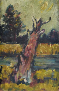 Werkverzeichnis Nr. 44, um 1949, Baumruine vor einem Gewässer, Öl auf Holz, 31,2 x 20,3 cm