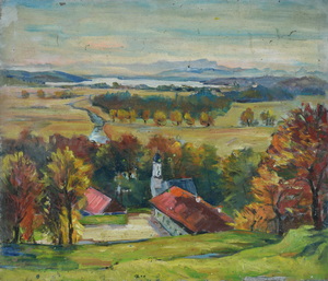 Werkverzeichnis Nr. 45, um 1949, Blick über das Leutstetter Moos und den Starnberger See, Öl auf Karton, 38,8 x 45,0 cm
