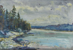 Werkverzeichnis Nr. 46, um 1949, See mit grauem Himmel,  Öl auf Karton, 24,4 x 17,7 cm