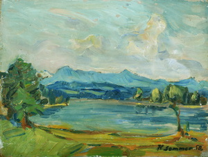 Werkverzeichnis Nr. 47, 1950, Großer Ostersee,   Öl auf Karton, 24,1 x 32,2 cm <br> 
						bez. u.r.: K. Sommer, 50