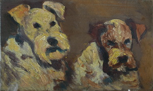 Werkverzeichnis Nr. 50, um 1950, zwei Pudel, Öl auf Karton, 11,9 x 19,9 cm