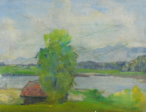 Werkverzeichnis Nr. 51, um 1950, See in den Voralpen, Öl auf Karton, 18,5 x 24,7 cm