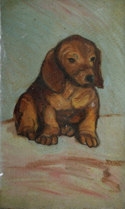 Werkverzeichnis Nr. 52, um 1950, Kleiner Hund, Öl auf Karton, 19,9 x 11,9 cm