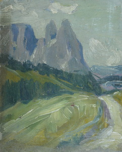 Werkverzeichnis Nr. 53, um 1950, Berg, Öl auf Karton, 20,8 x 16,8 cm