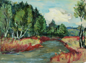 Werkverzeichnis Nr. 54, um 1950, Wald an einem Bach, Öl auf Karton, 24,2 x 33,3 cm