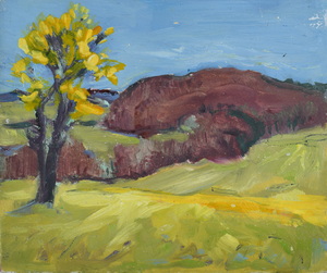 Werkverzeichnis Nr. 55, um 1950, Hügellandschaft mit Baum, Öl auf Karton, 24,8 x 29,8 cm
