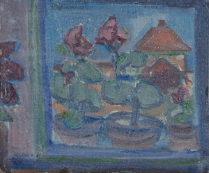 Werkverzeichnis Nr. 56, um 1950, Bild im Bild, Öl auf Karton, 25,7 x 30,9 cm, 
						Rückseite von Werkverzeichnis Nr. 41, um 1949, Baum am See im Winter