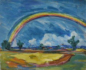 Werkverzeichnis Nr. 57, um 1950, Mooslandschaft mit Regenbogen, Öl auf Hartfaser, 27,8 x 34,0 cm