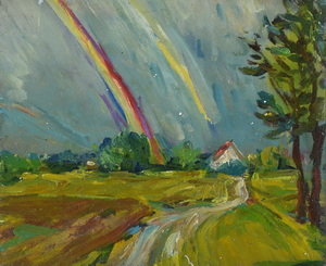 Werkverzeichnis Nr. 48, um 1950, Flache Landschaft mit Haus und Regenbogen,  Öl auf Karton, 29,7 x 36,4 cm <br> 