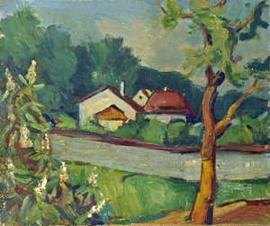 Werkverzeichnis Nr. 58, um 1950, Weiler am Wandrand, Öl auf Hartfaser, 32,6 x 39,0 cm