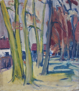 Werkverzeichnis Nr. 60, um 1950, Bäume vor Häusern, Öl auf Karton, 37,5 x 32,7 cm