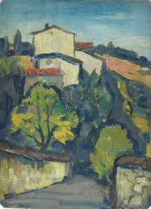 Werkverzeichnis Nr. 61, um 1950, Häuser am Hügel, Öl auf Hartfaser, 37,6 x 27,1 cm