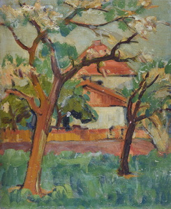Werkverzeichnis Nr. 65, um 1950,  Häuser in Moosach, Öl auf Sperrholz, 52,8 x 43,1 cm