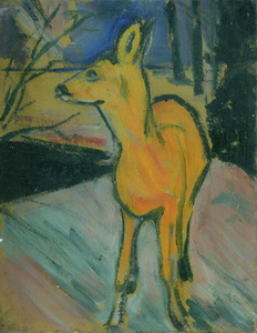 Werkverzeichnis Nr. 66, um 1950, Reh, Öl auf Karton, 25,7 x 19,8 cm,
						Rückseite von Werkverzeichnis Nr. 15, Almkaser mit Bergen, um 1947