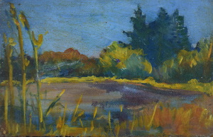Werkverzeichnis Nr. 64, um 1950, Seeufer mit  Bäumen, Öl auf Hartfaser, 18,7 x 29,2 cm