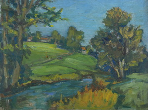 Werkverzeichnis Nr. 63, um 1950, Bach mit Hügel und Bäumen, Öl auf Karton, 25,0 x 33,8 cm