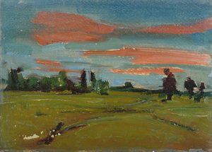 Werkverzeichnis Nr. 70, um 1951, Mooslandschaft mit Abendhimmel, Öl auf Karton, 18,3 x 26,0 cm