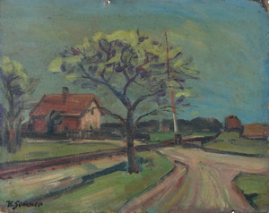 Werkverzeichnis Nr. 72, 1952, Haus an einem Bahnübergang,   Öl auf Karton, 30,7 x 30,2 cm  